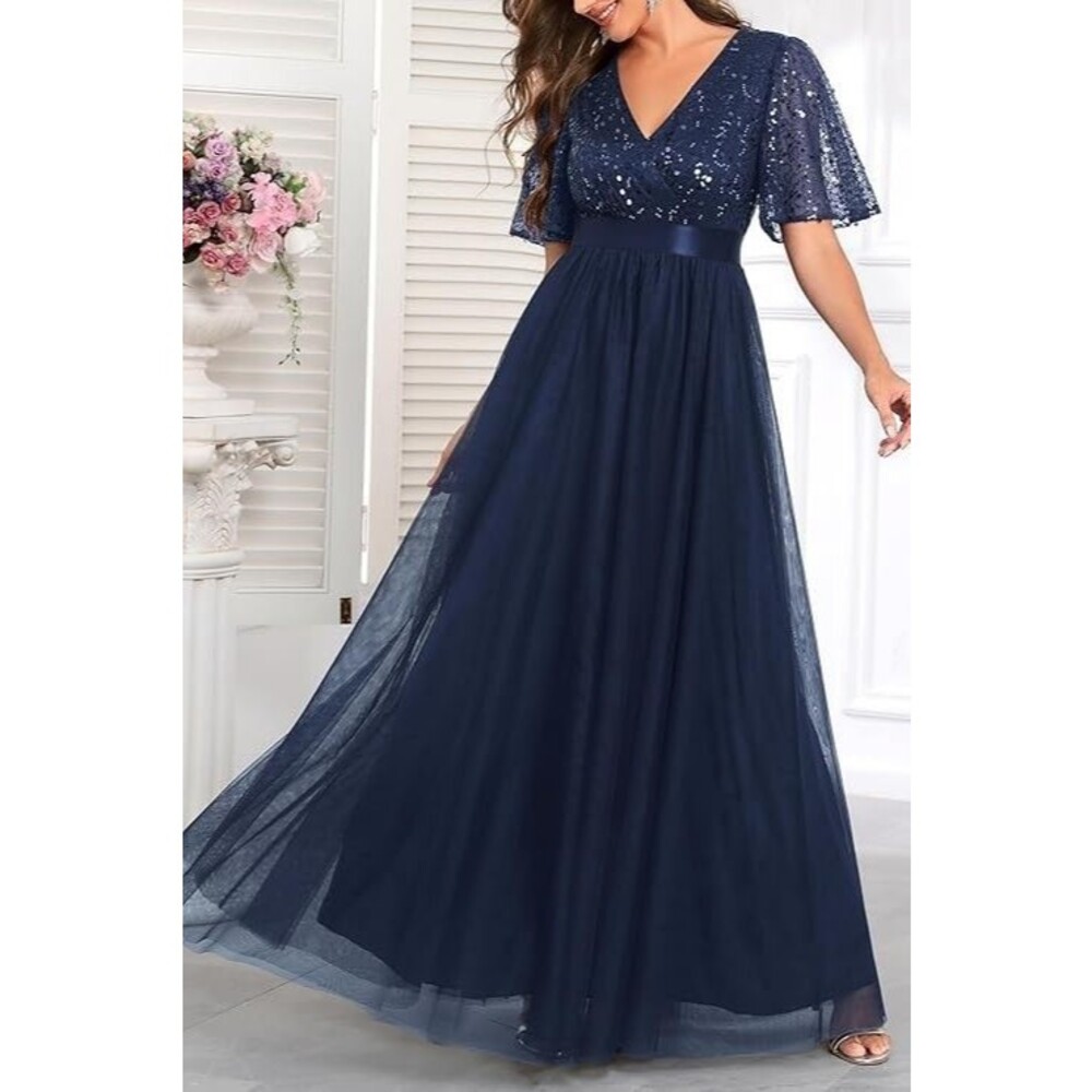 Womens Evening Blue Dress V-Neck Sequin Empire Waist Beaded Size 2XL NEW